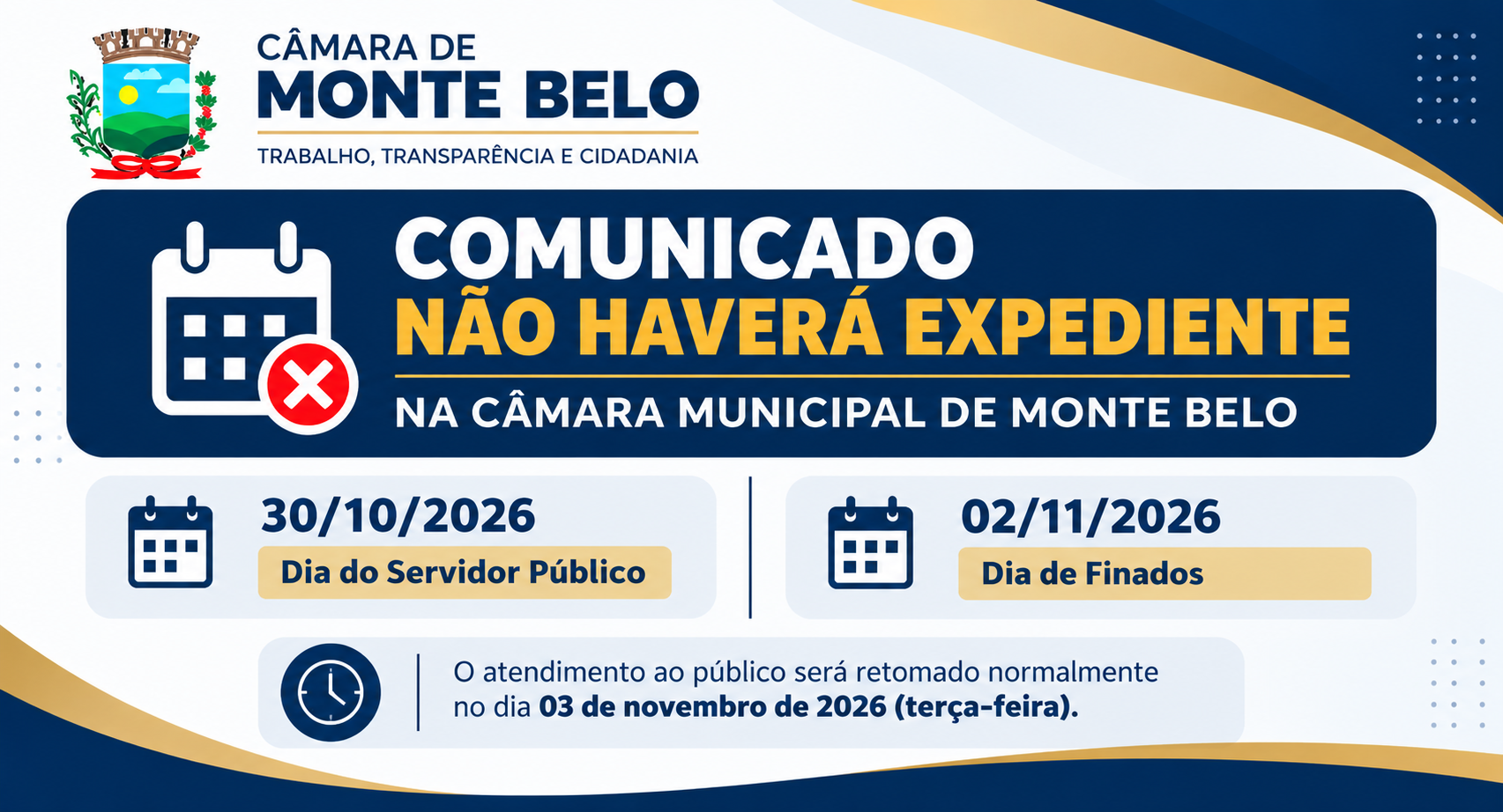 EXPEDIENTE DA CÂMARA MUNICIPAL DE MONTE BELO EM 30/10 e 02/11